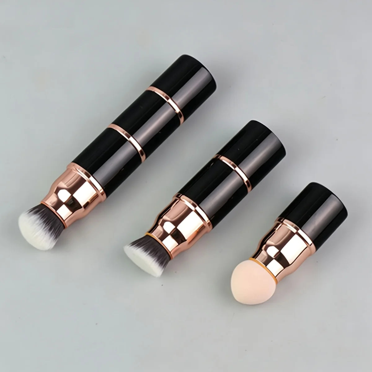 3in1 Mini Portable Makeup Brush with Dust Cap, Detachable Sponge, Angled Foundation & Powder Heads, Bionic Hair, Sturdy Aluminum