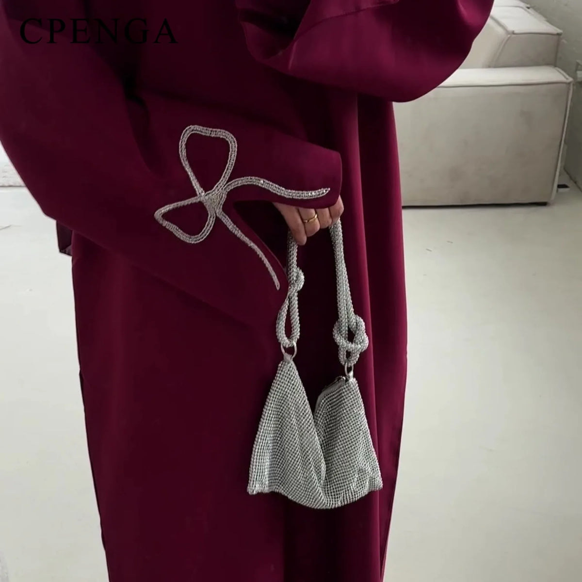 Luxury Studded Dubai Abaya Dress for Women Eid Arabic Muslim Modest Outfit Islam Crystal-embellished Bow Sleeve Robe Turkey Robe