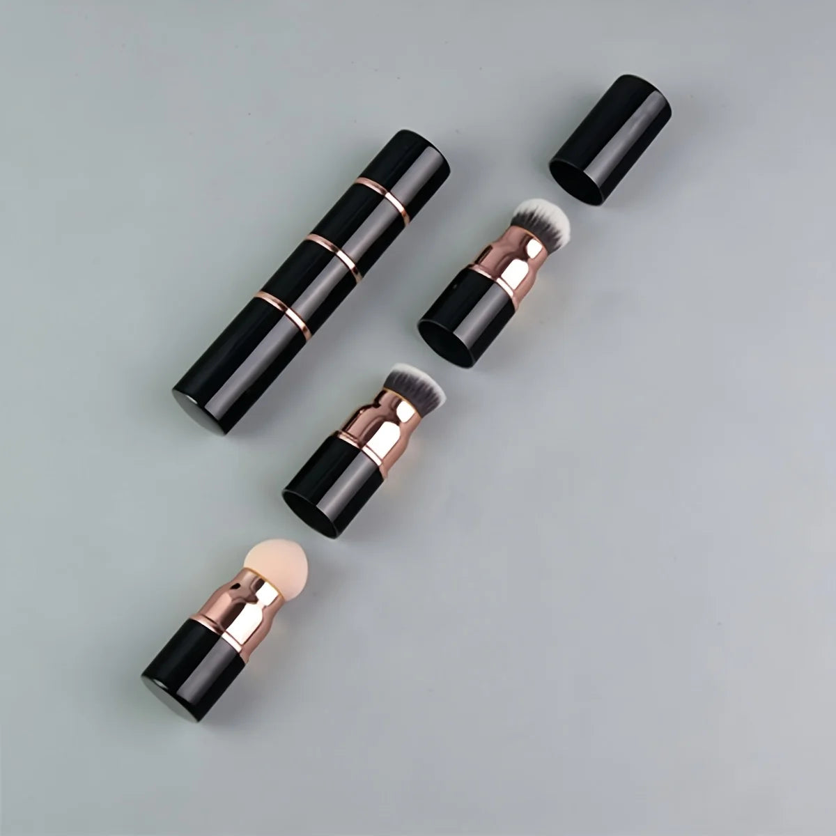 3in1 Mini Portable Makeup Brush with Dust Cap, Detachable Sponge, Angled Foundation & Powder Heads, Bionic Hair, Sturdy Aluminum