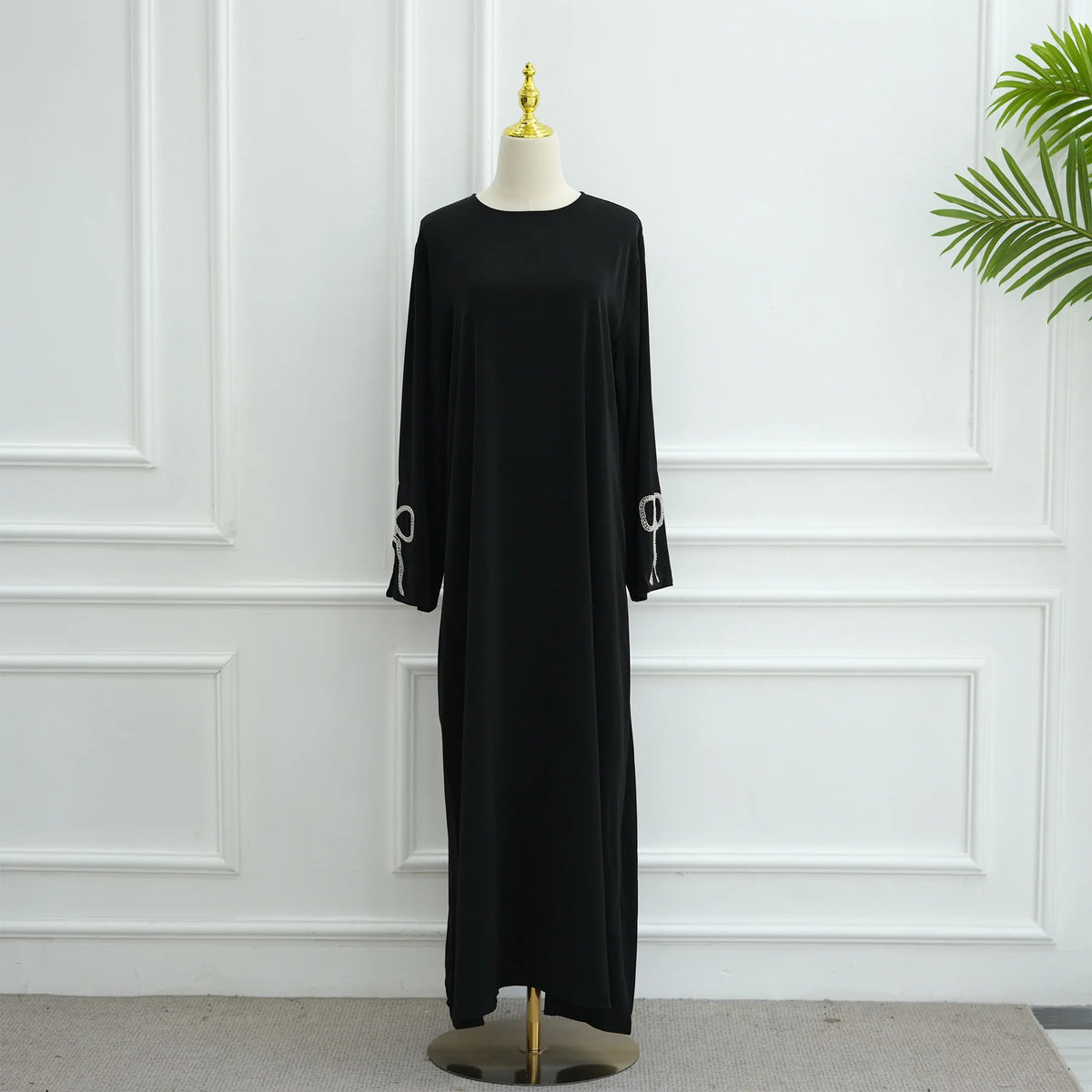Luxury Studded Dubai Abaya Dress for Women Eid Arabic Muslim Modest Outfit Islam Crystal-embellished Bow Sleeve Robe Turkey Robe