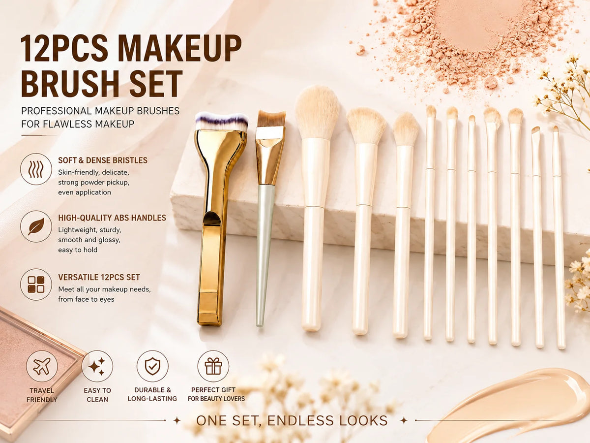 Professional 12PCS Makeup Brush Set with Foundation Brush, Powder Brush, Eyeshadow Brushes for Face & Eye Makeup