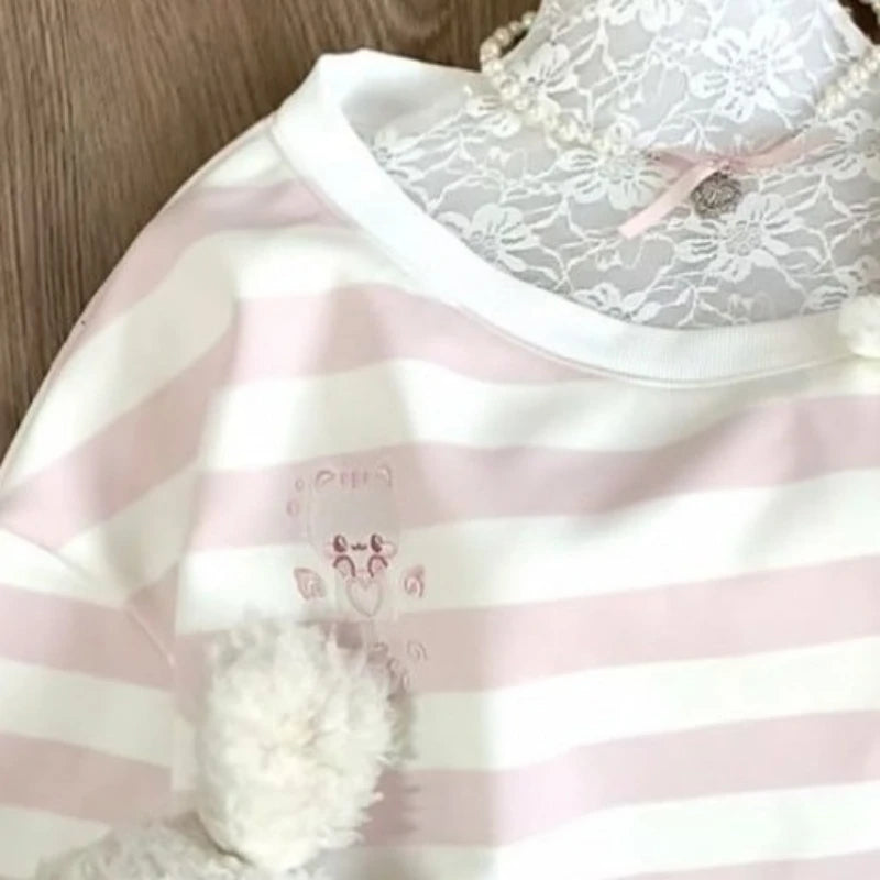 Skew Collar Stripe Hoodies Autumn Harajuku Kawaii