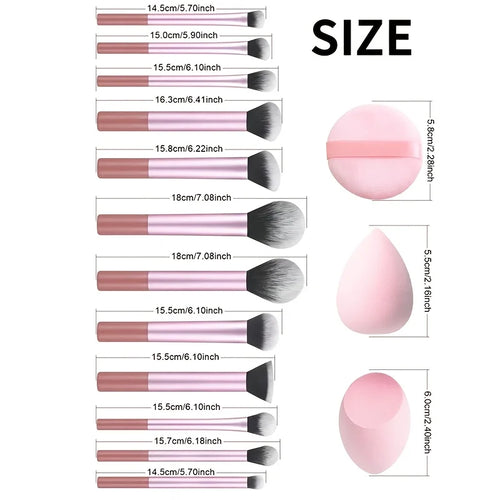 15pcs Makeup Brush Set, Including 12pcs Multi-Functional Ultra-Soft Makeup Brushes And 1pc Angled Tear Drop-Shaped Beauty Sponge