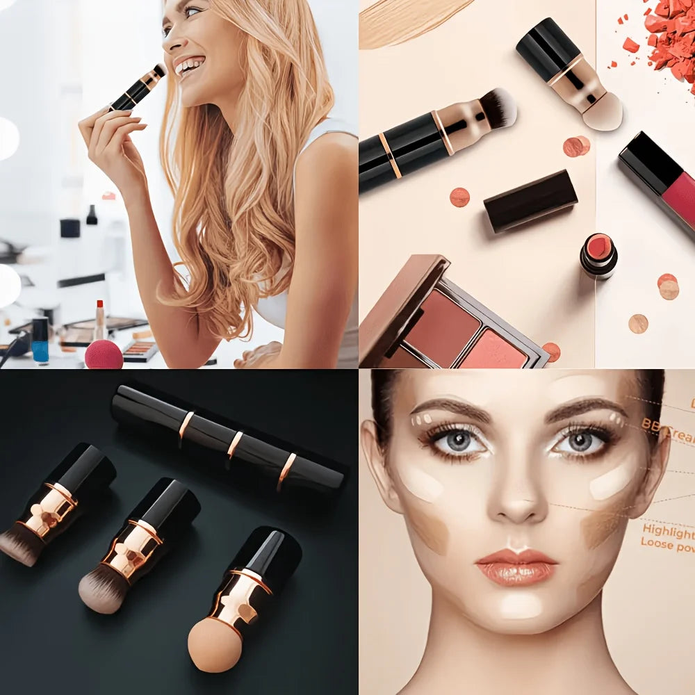 3in1 Mini Portable Makeup Brush with Dust Cap, Detachable Sponge, Angled Foundation & Powder Heads, Bionic Hair, Sturdy Aluminum