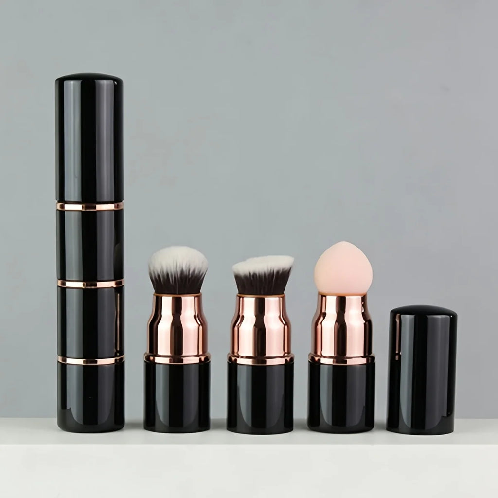 3in1 Mini Portable Makeup Brush with Dust Cap, Detachable Sponge, Angled Foundation & Powder Heads, Bionic Hair, Sturdy Aluminum