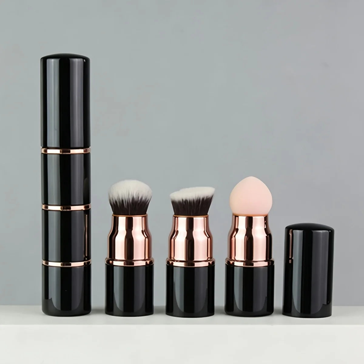 3in1 Mini Portable Makeup Brush with Dust Cap, Detachable Sponge, Angled Foundation & Powder Heads, Bionic Hair, Sturdy Aluminum