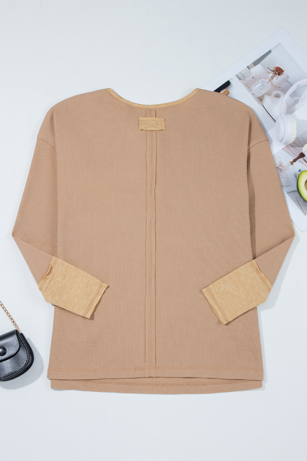 Top tunique henley vert gaufré à manches longues