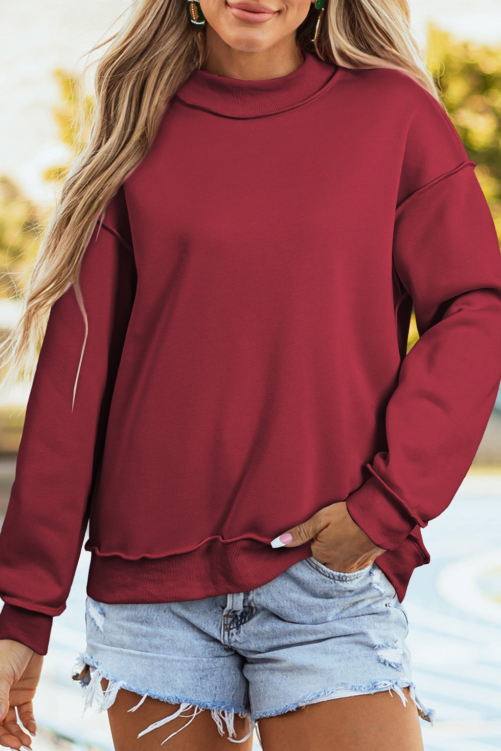 Light Pink Oversize Drop Shoulder Reversible Mock Neck Sweatshirt