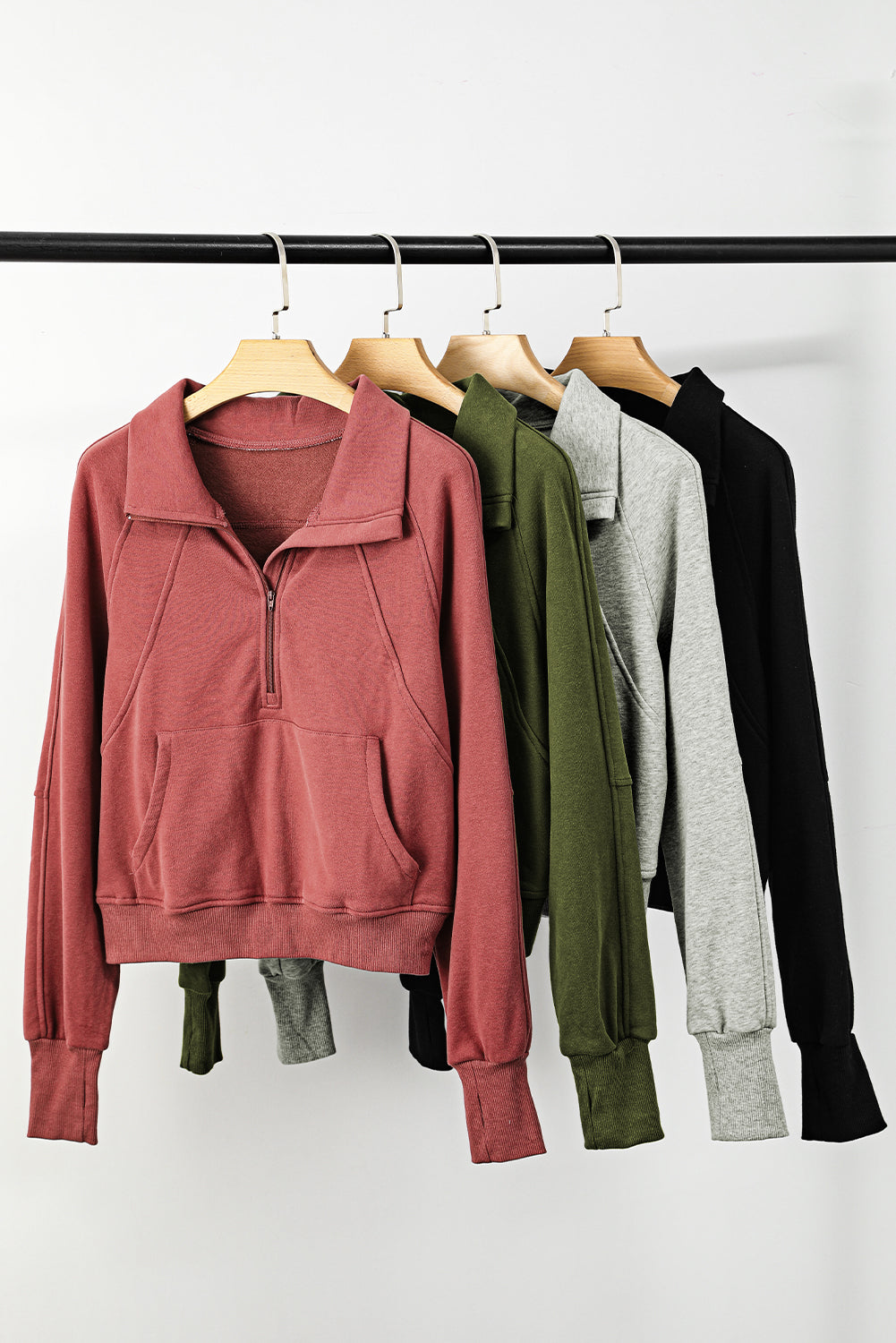 Phalaenopsis Zip Up Stand Collar Ribbed Thumbhole Sleeve Sweatshirt