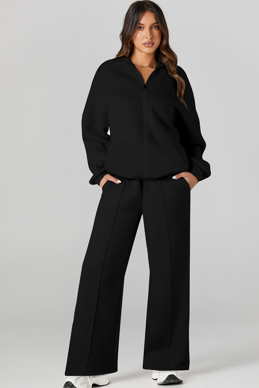 Burgundy Drop Shoulder Zip Up Jacket Drawstring Pants Active 2pcs Set