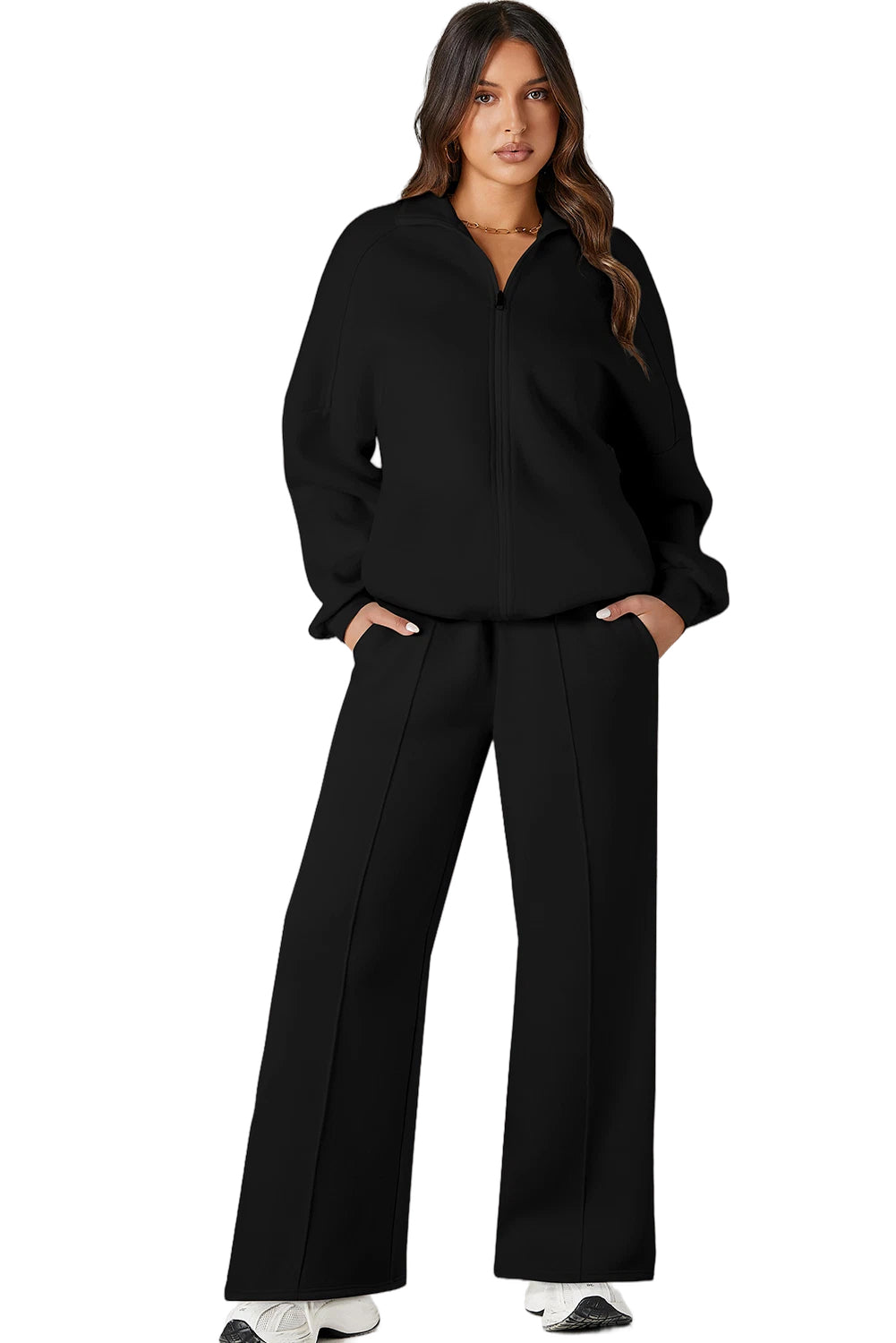 Burgundy Drop Shoulder Zip Up Jacket Drawstring Pants Active 2pcs Set