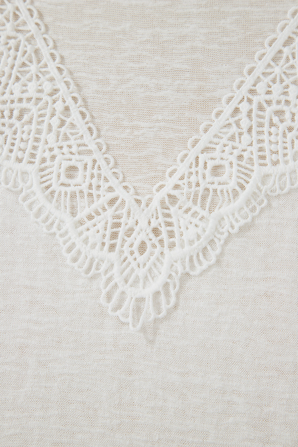 White Hollowed Lace Splicing V Neck T Shirt