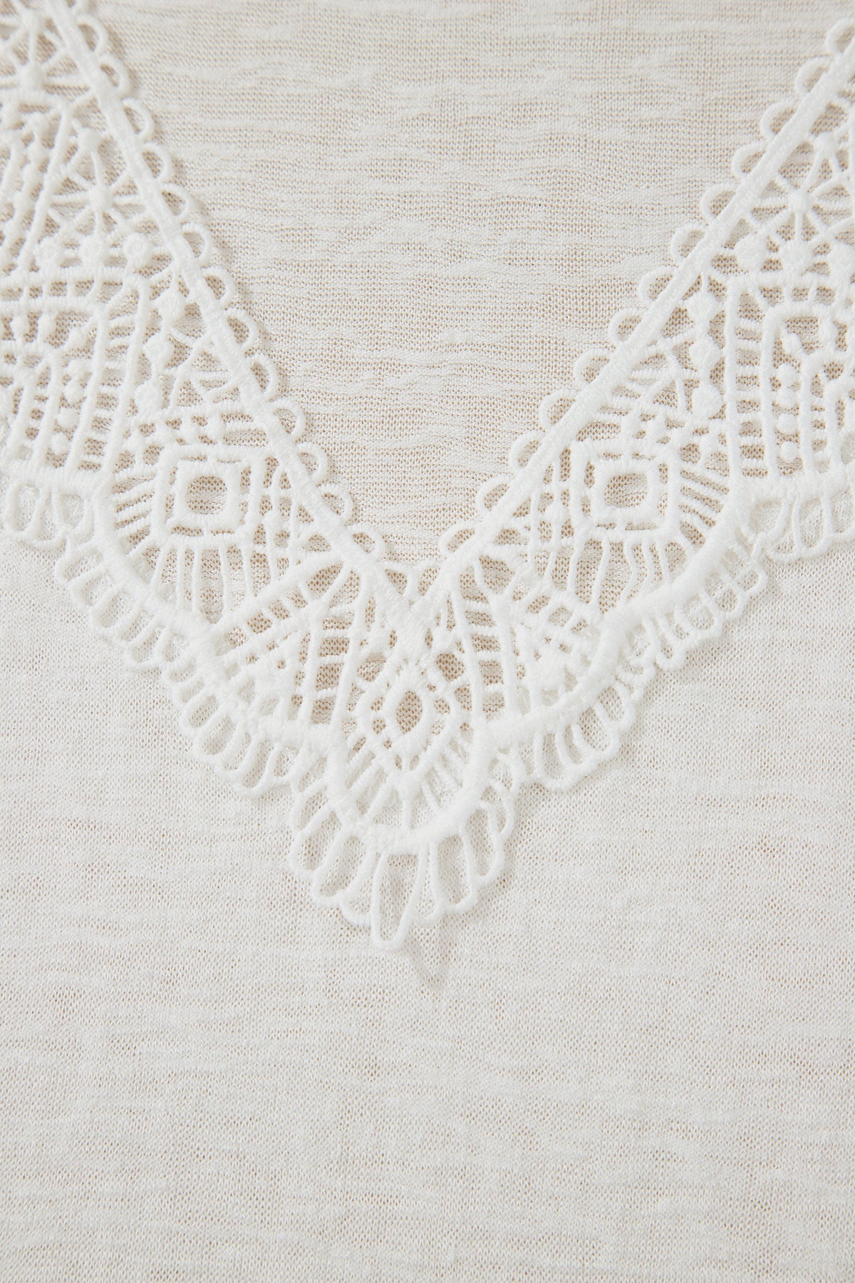 White Hollowed Lace Splicing V Neck T Shirt