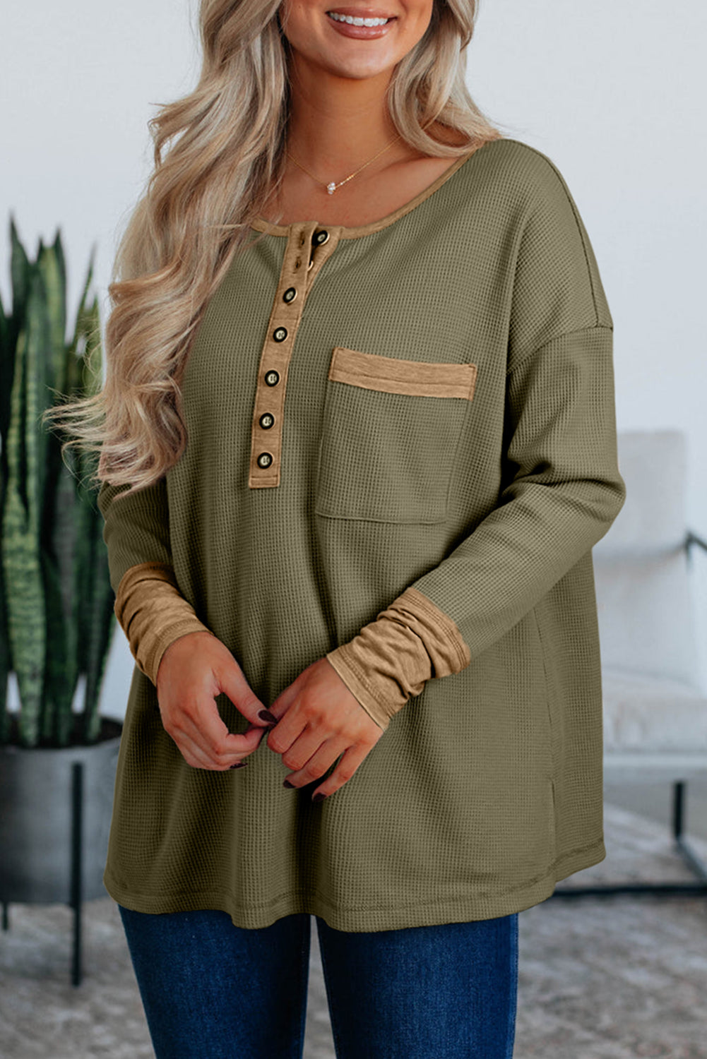 Top tunique henley vert gaufré à manches longues