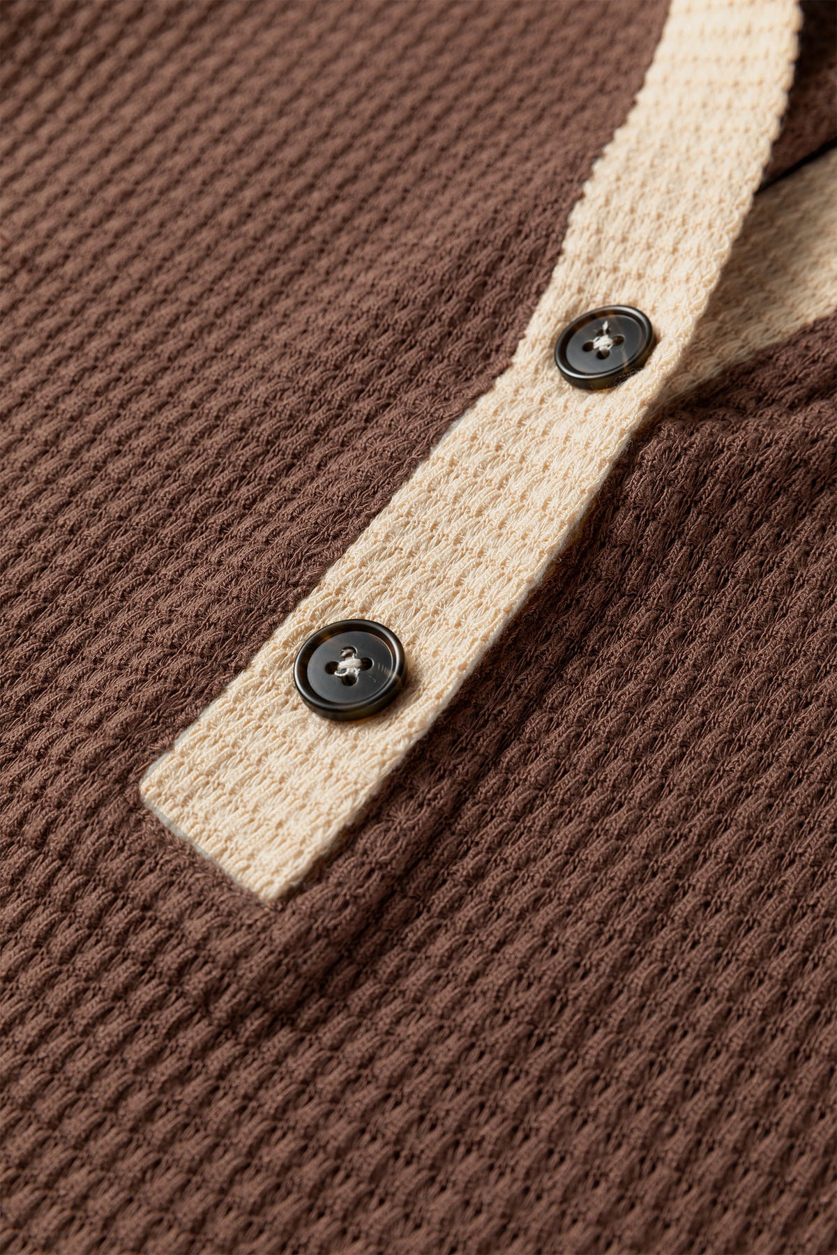 Coffee Waffle Contrast Half Buttoned Hooded Pullover Top