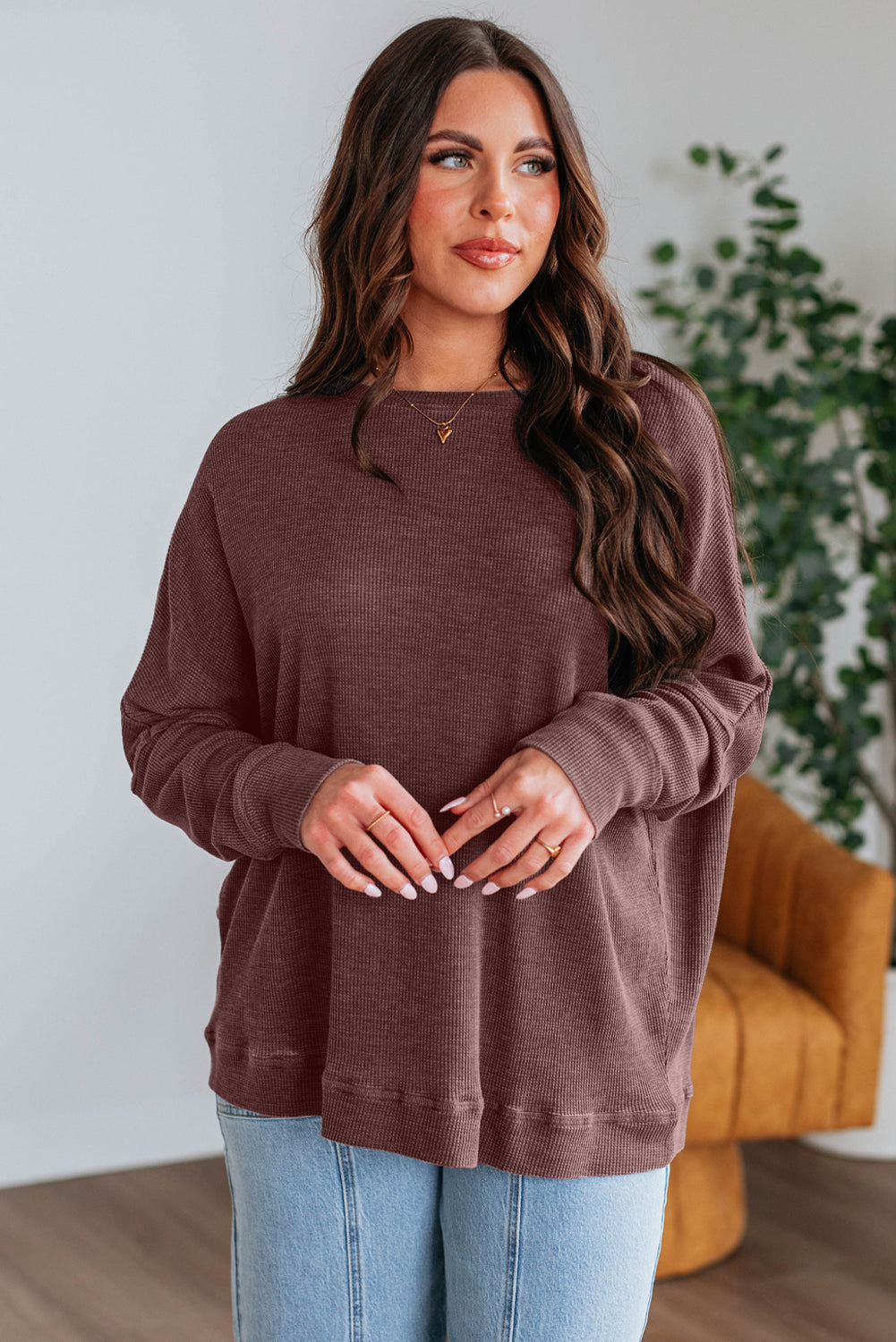 Top en maille gris anthracite à manches longues — coupe ample