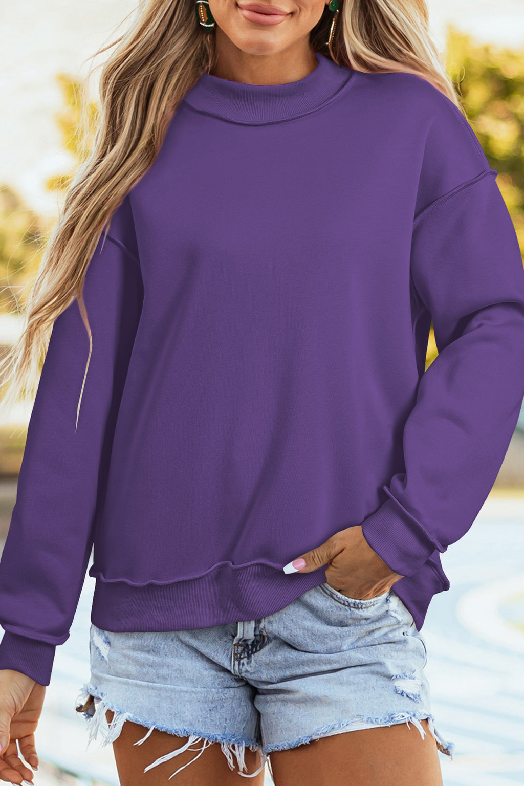 Light Pink Oversize Drop Shoulder Reversible Mock Neck Sweatshirt