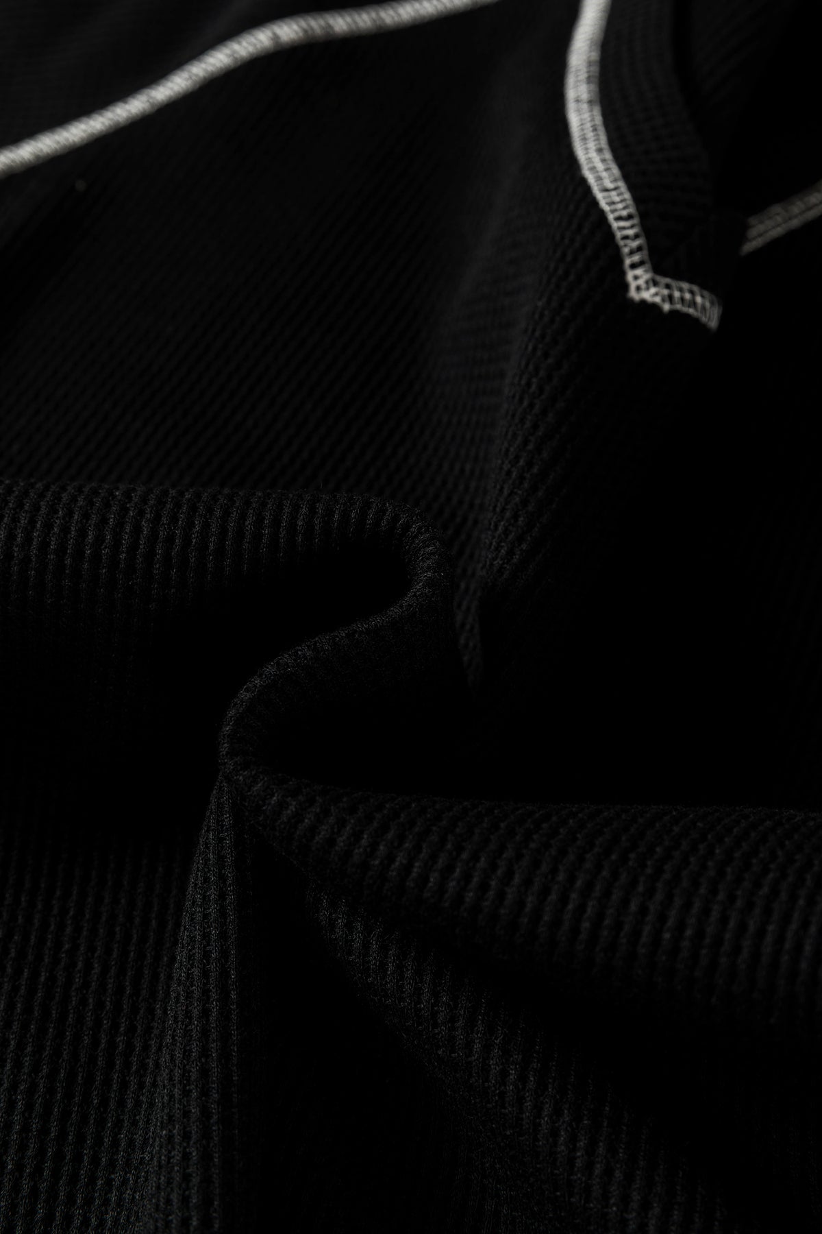 Black Waffle Textured Contrast Trim V Neck Tee