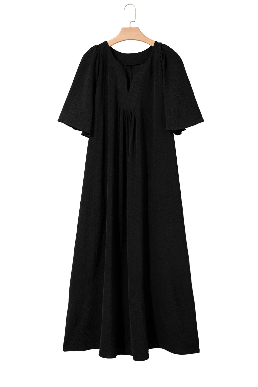 Black Plus Size Solid Color Notched Neck Short Sleeve Loose Dress