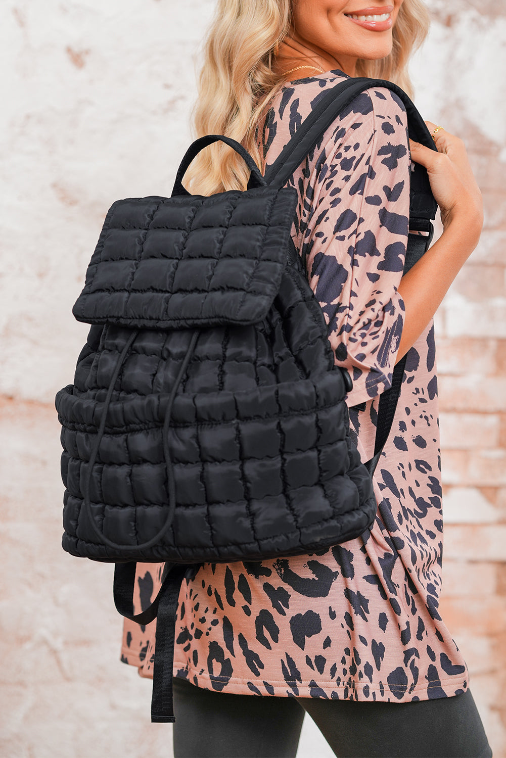 Medium Grey Solid Flapped Quilted Puffer Backpack