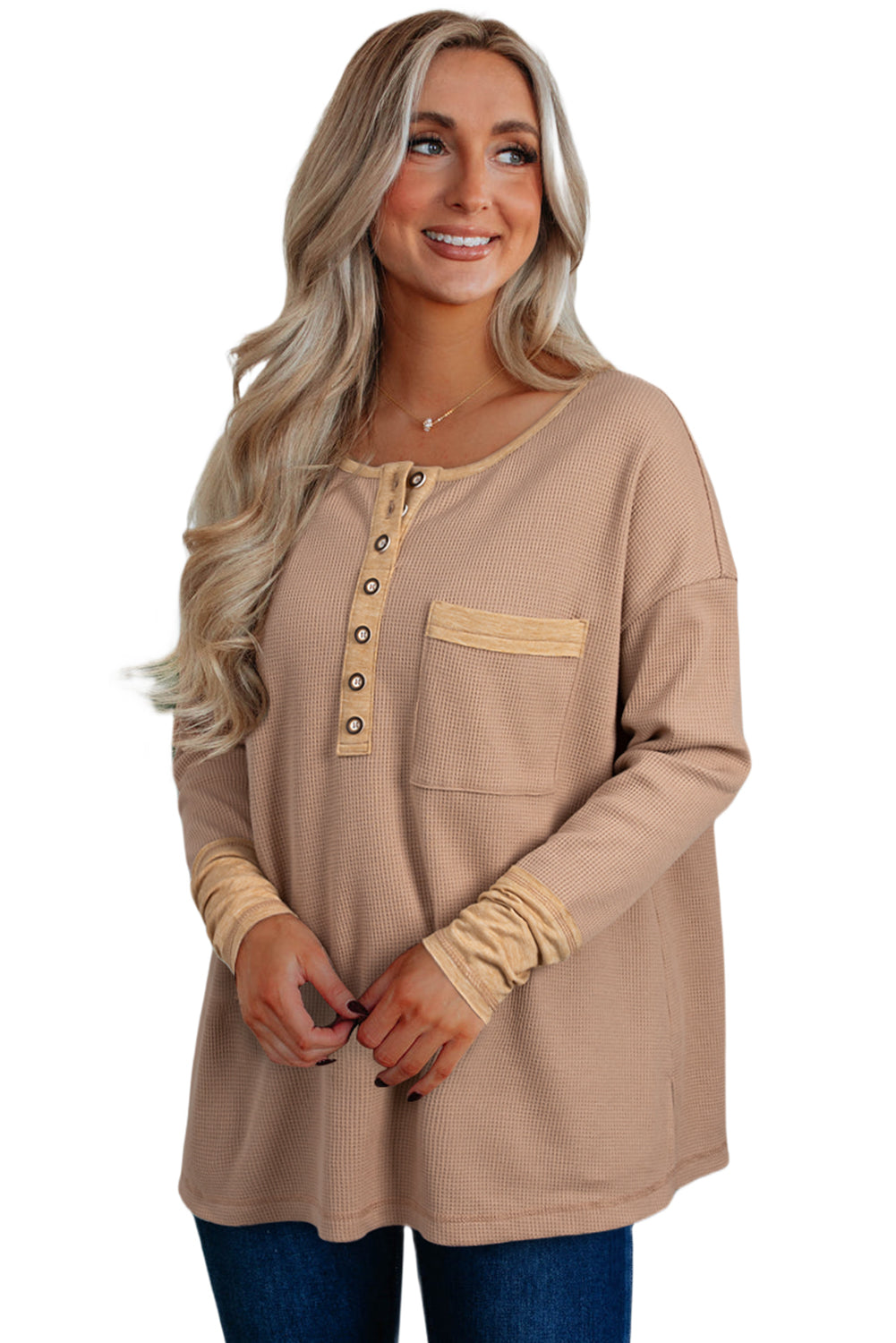 Top tunique henley vert gaufré à manches longues