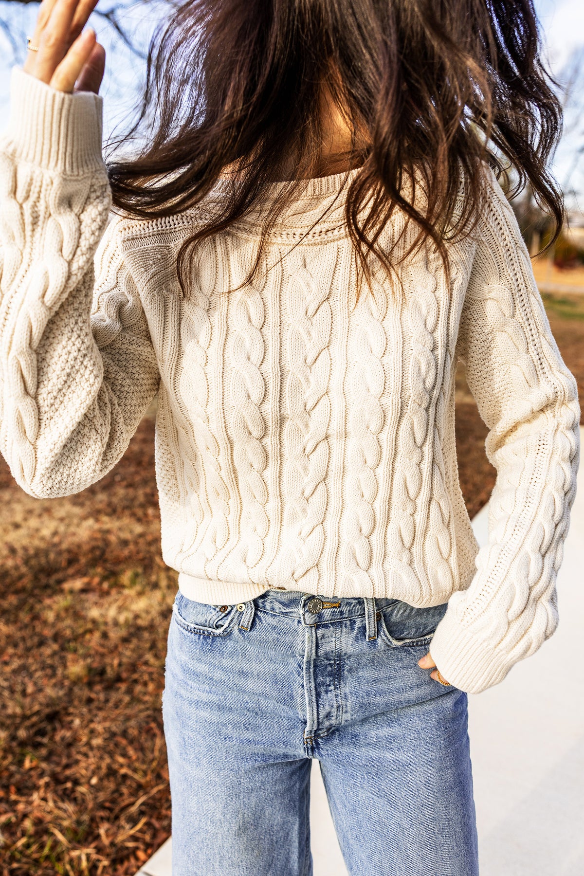 Beige Drop Shoulder Round Neck Cable Knit Sweater