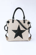 Beige Casual Star Patched Canvas Tote Bag
