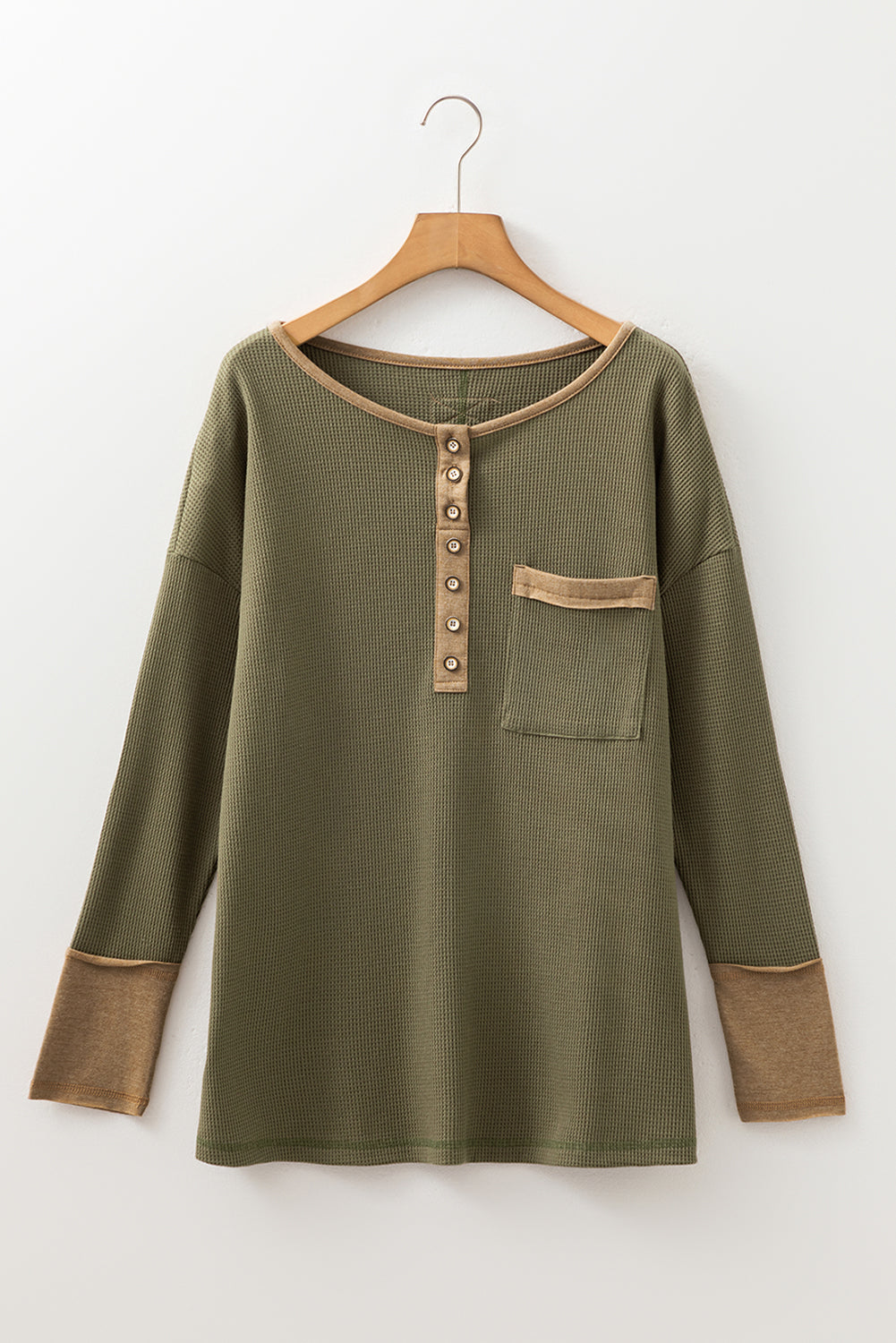 Top tunique henley vert gaufré à manches longues