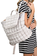 Medium Grey Solid Flapped Quilted Puffer Backpack