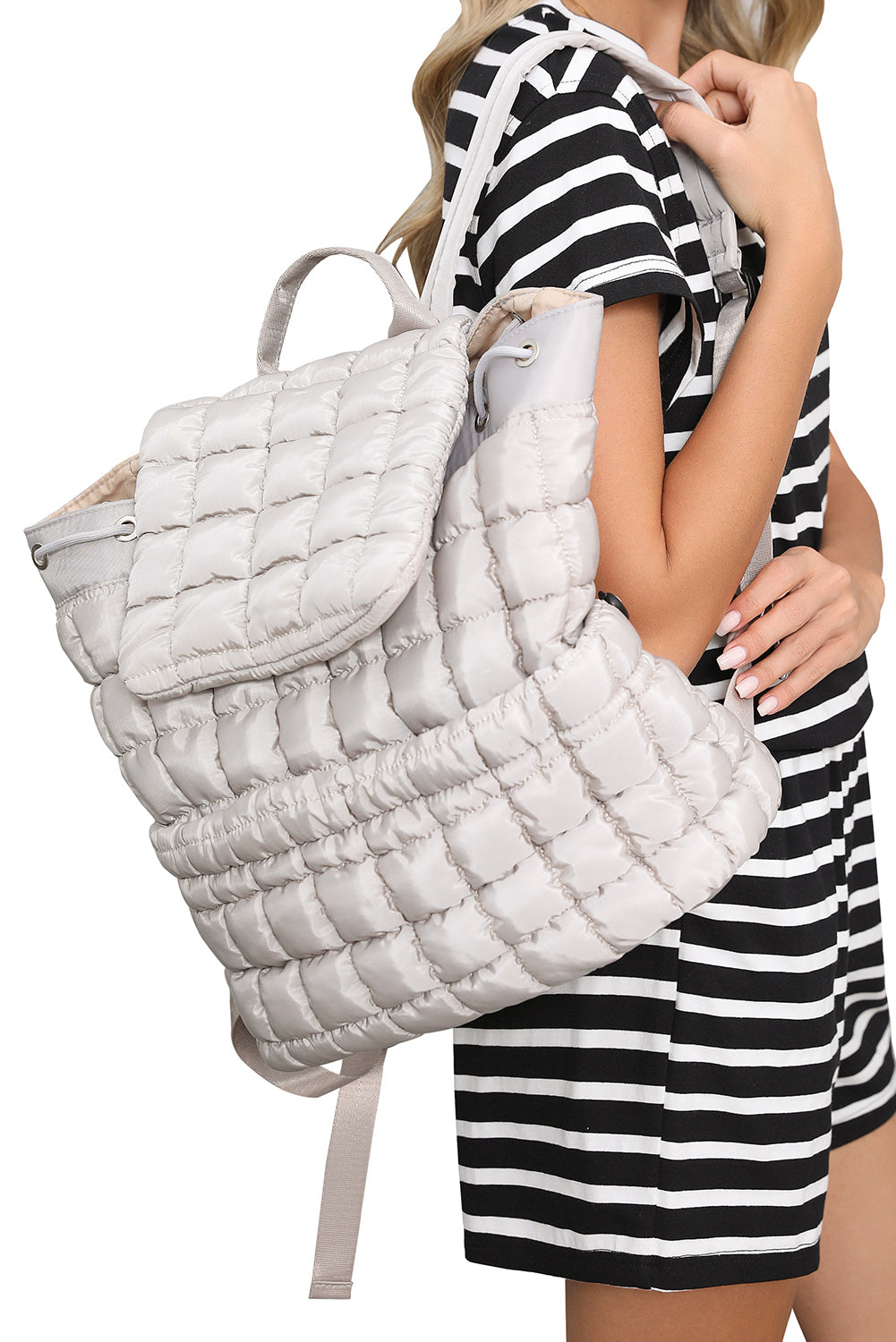 Medium Grey Solid Flapped Quilted Puffer Backpack
