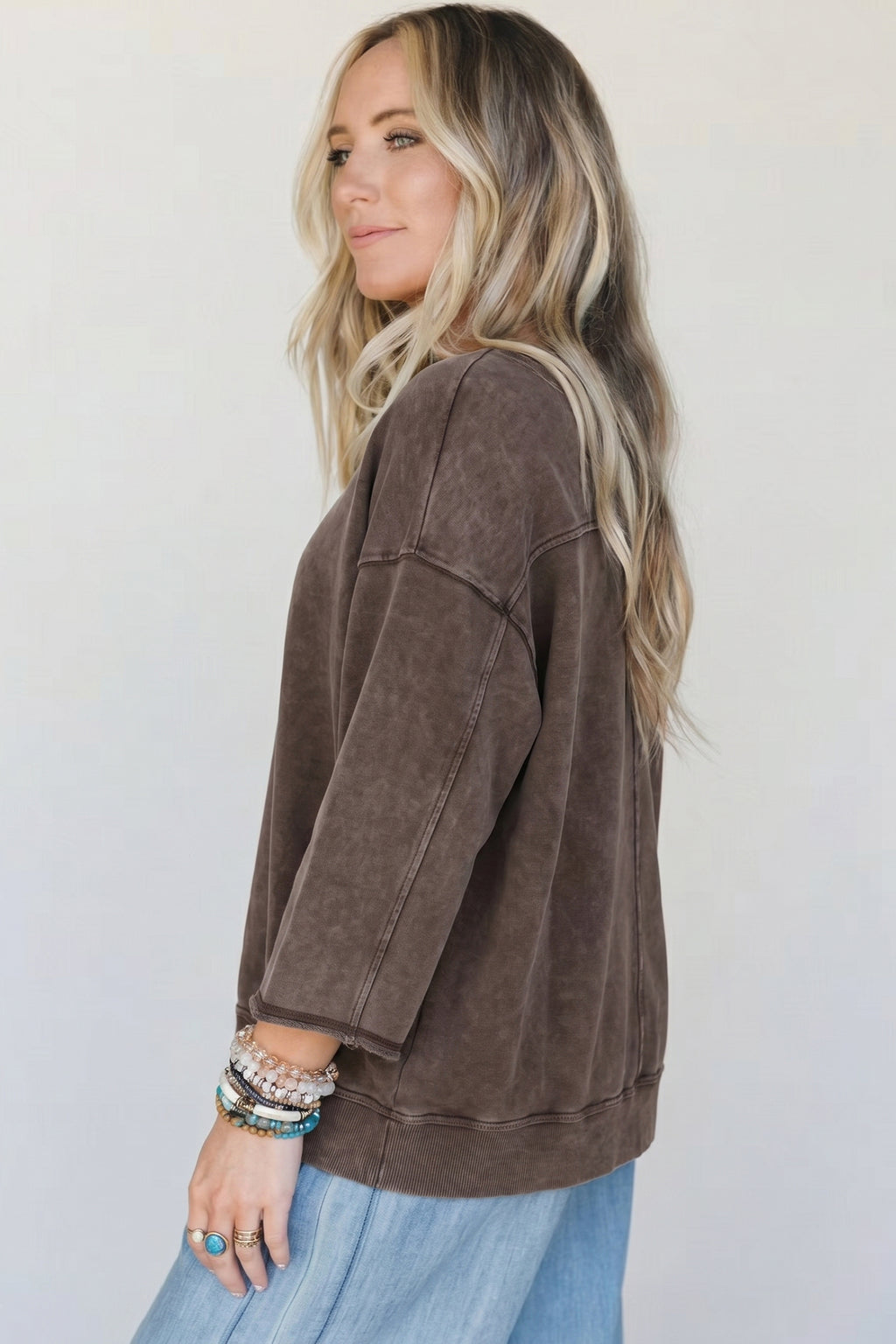 Dark Brown 3/4 Sleeve Mineral Wash Loose Cotton Top