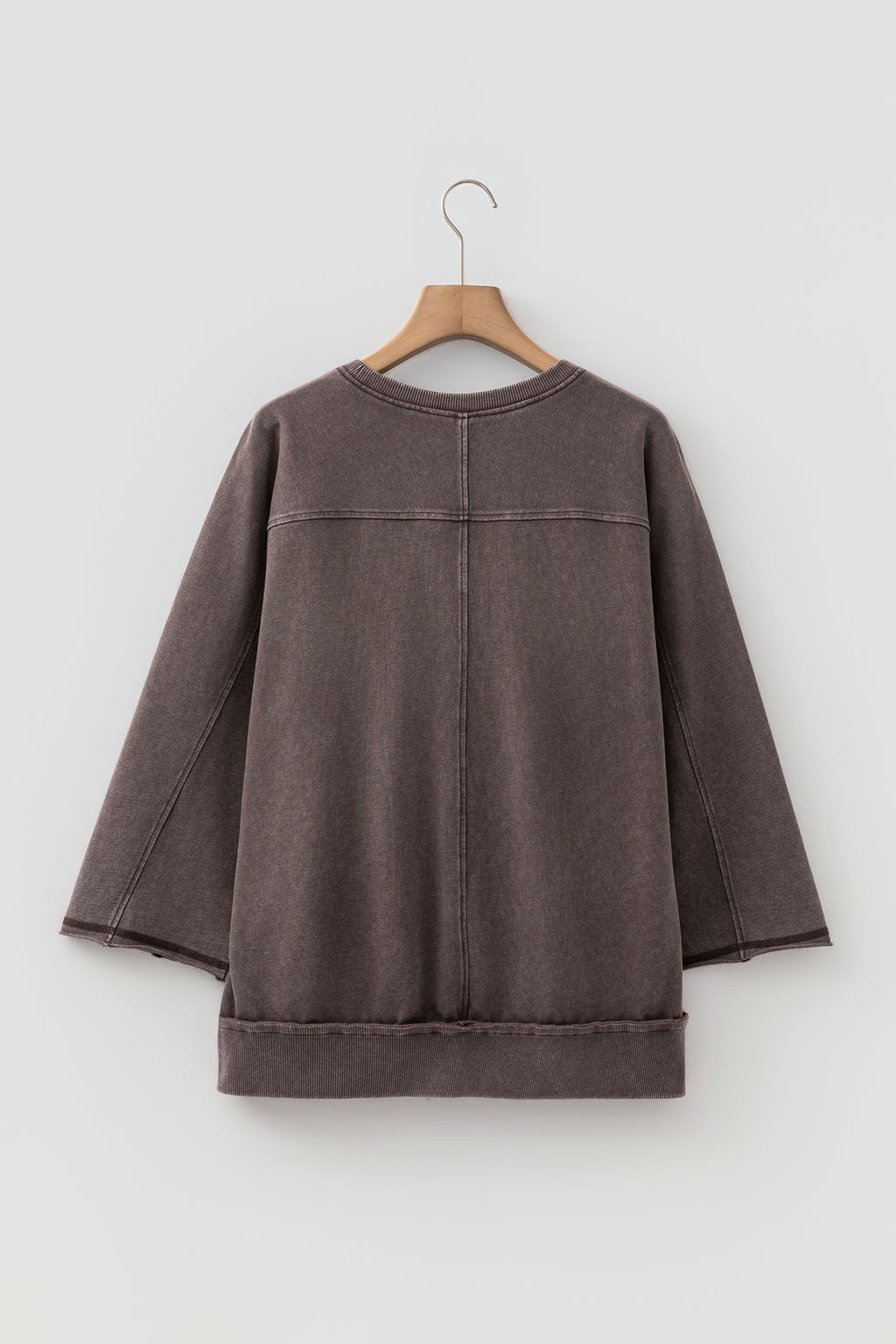 Dark Brown 3/4 Sleeve Mineral Wash Loose Cotton Top