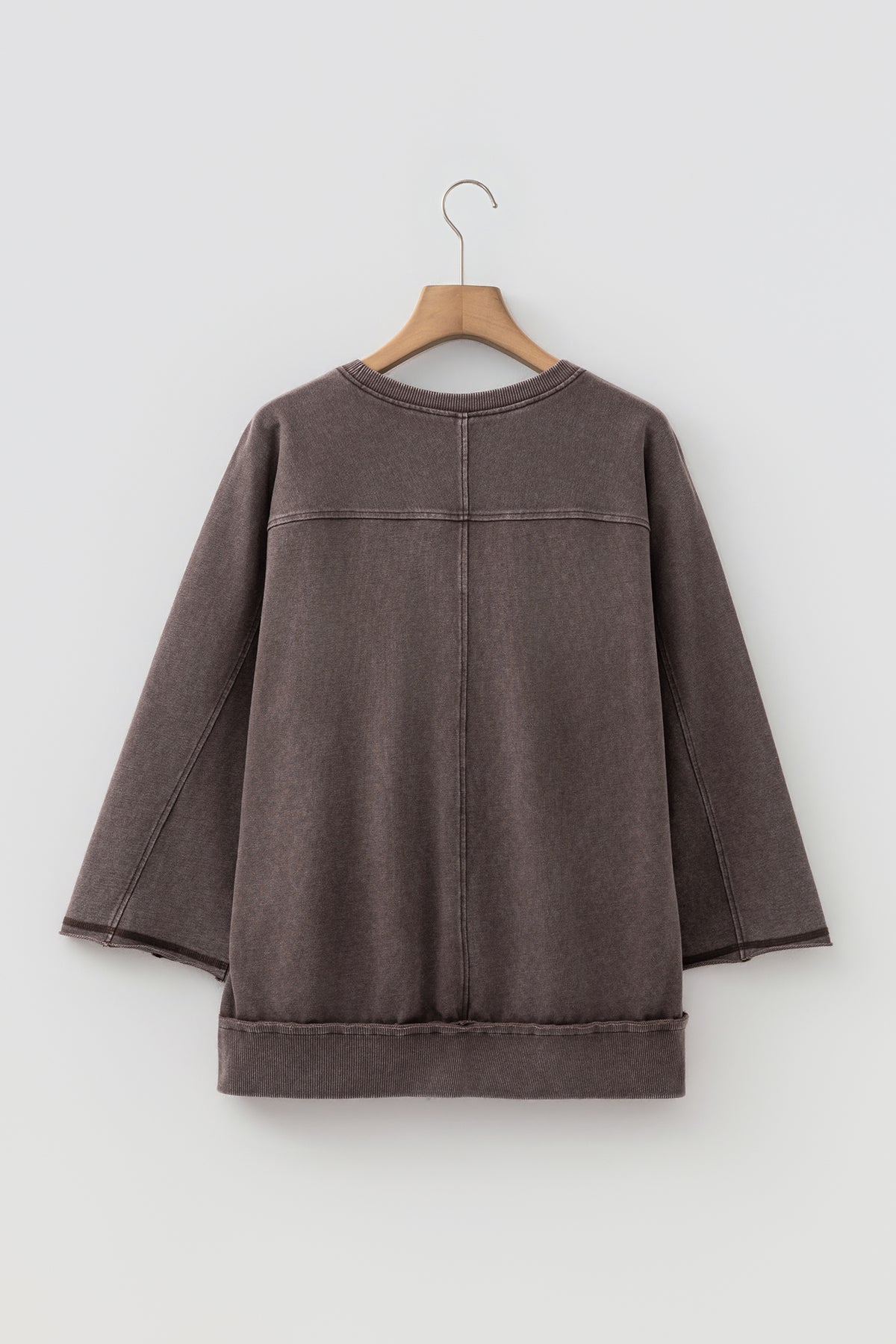 Dark Brown 3/4 Sleeve Mineral Wash Loose Cotton Top