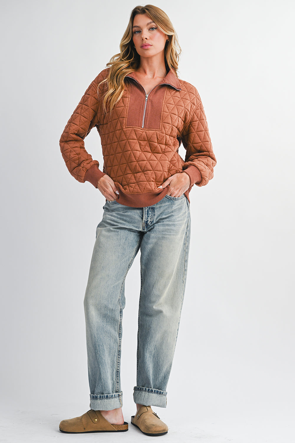 Sweat à col zippé texturé jaune paille — manches longues