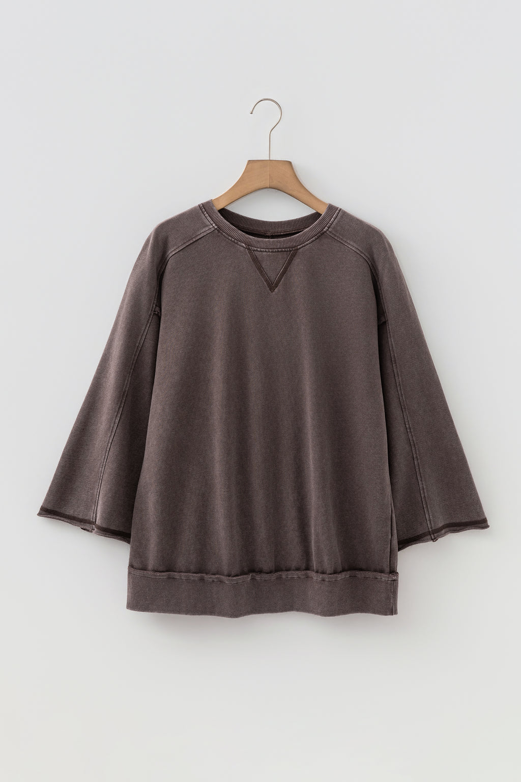 Dark Brown 3/4 Sleeve Mineral Wash Loose Cotton Top