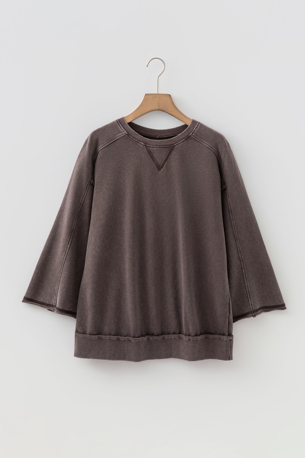 Dark Brown 3/4 Sleeve Mineral Wash Loose Cotton Top