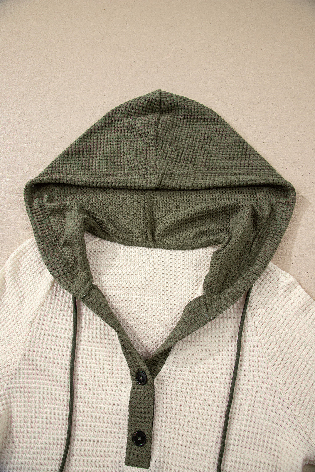 Coffee Waffle Contrast Half Buttoned Hooded Pullover Top