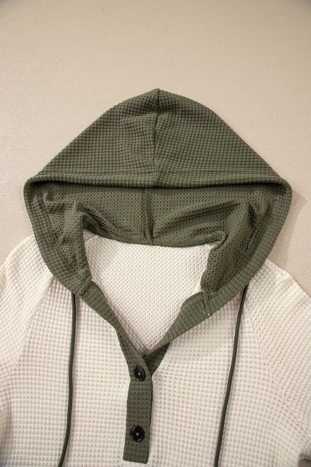 Coffee Waffle Contrast Half Buttoned Hooded Pullover Top