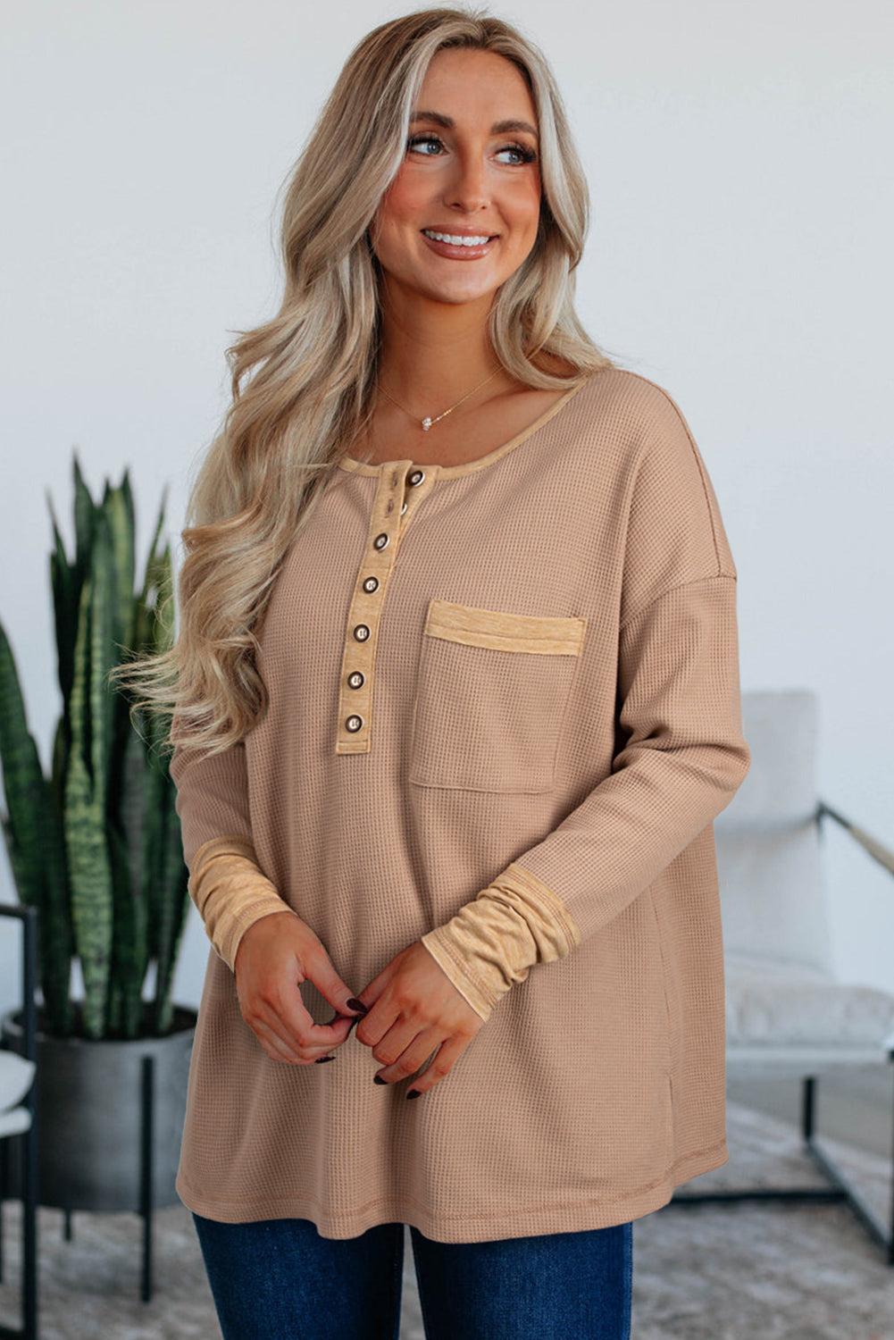 Top tunique henley vert gaufré à manches longues