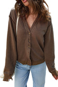 Coffee Button Front V Neck Casual Cardigan