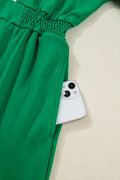 Bright Green Contrast Patchwork Half Zip Elastic Waist Short Sleeve Mini Dress